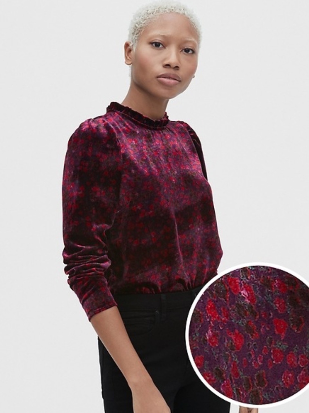 GAP Velvet Puff Sleeve Top in Burgundy and Red Floral